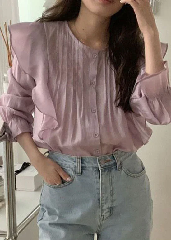 Autumn Selection Purple Patchwork Cotton Tops O Neck Ruffled Spring