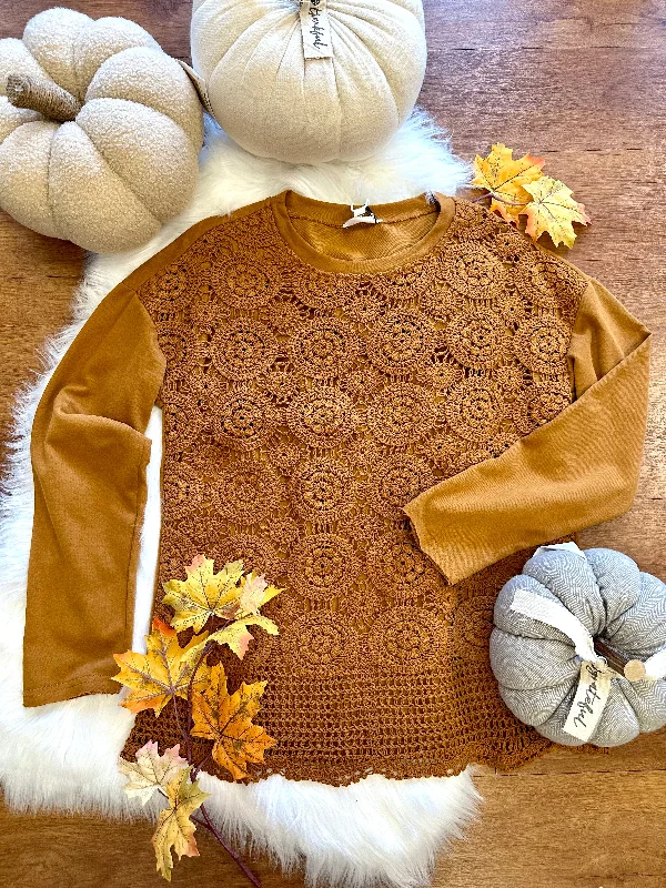 British Style Cinnamon Crochet Detail Long Sleeve Top | Boutique Elise | Shelly