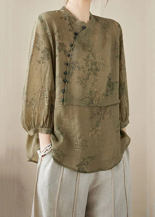 High Street Design Chinese Style Khaki Green Stand Collar Print Patchwork Linen Shirt Summer High Street Design Chinese Style Khaki Green Stand Collar Print Patchwork Linen Shirt Summer