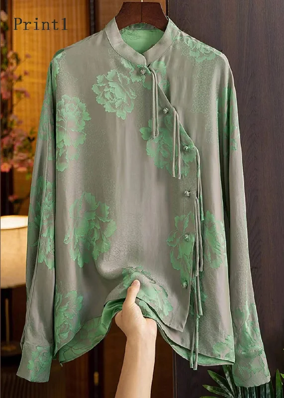 Soft And Comfortable Beautiful Green Mandarin Collar Button Print Silk Shirt Top Spring Soft And Comfortable Beautiful Green Mandarin Collar Button Print Silk Shirt Top Spring