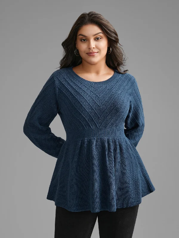 Autumn Selection Crew Neck Plain Textured Lantern Sleeve Pullover