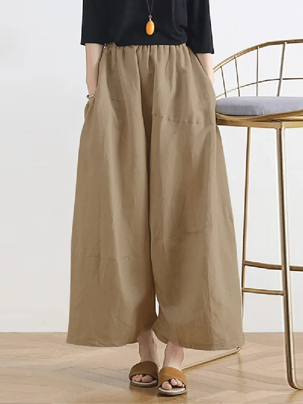 Lazy Home Women Solid Color Patchwork Elastic Waist Casual Wide Leg Pants with Side Pockets
