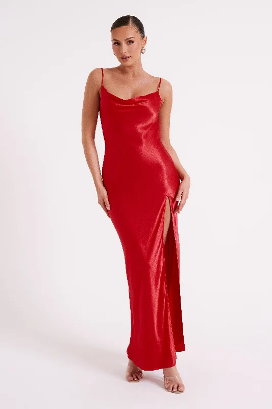 Floral Prints Jade Cowl Neck Backless Maxi Dress - Red