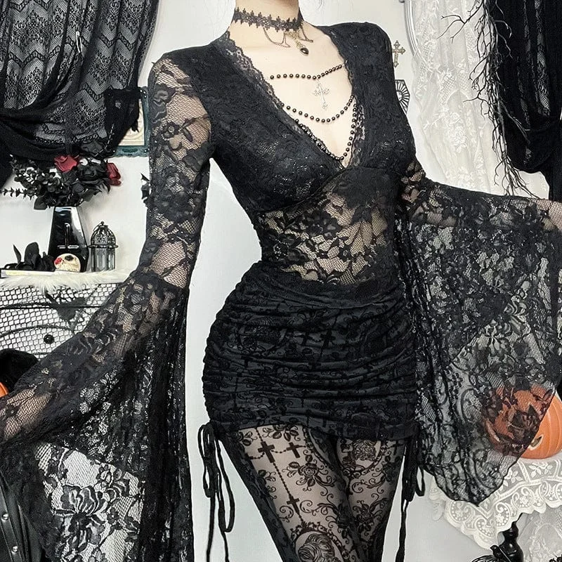 Lively And Youthful Women's Gothic Plunging Flared Sleeved Lace Shirt