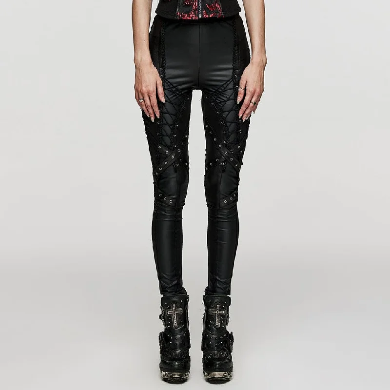 Noble And Elegant Women's Punk Lace-up Lace Splice Faux Leather Leggings