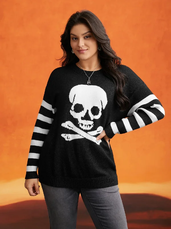 Bright Colors Supersoft Essentials Gothic Skull Striped Sleeves Pullover