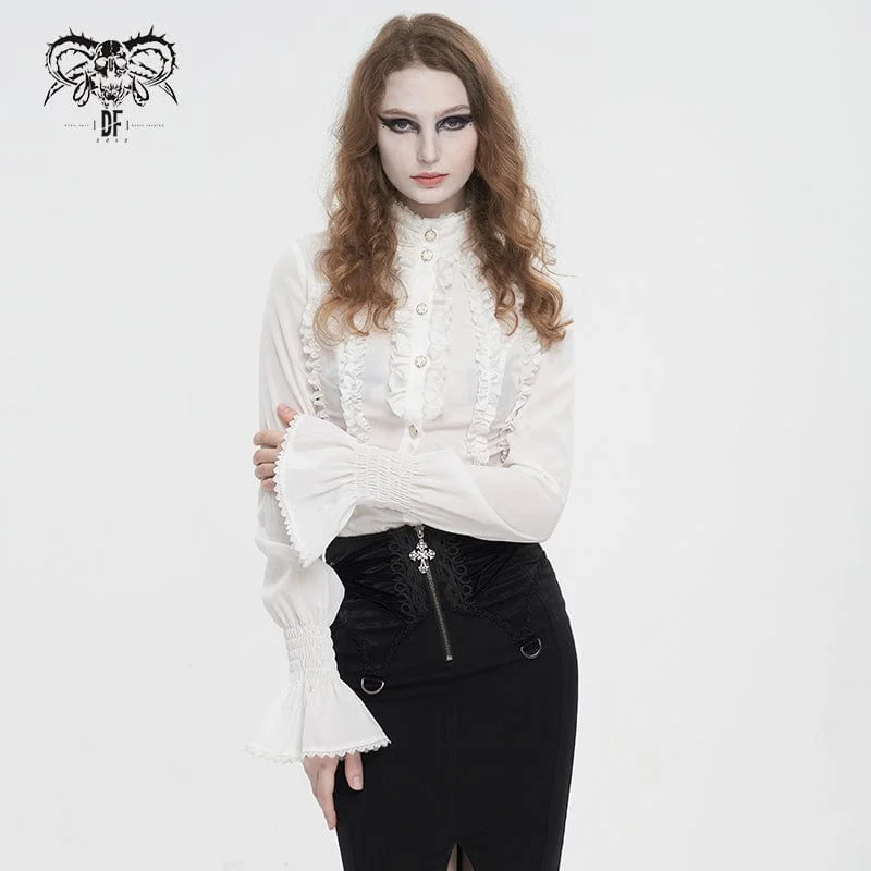 Breathable Design Women's Gothic Stand Collar Ruffled Shirt White