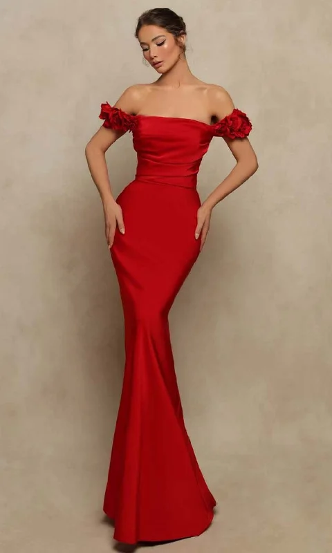 Modern City Tarik Ediz - 98016 Off Shoulder Floral Sleeve Evening Gown