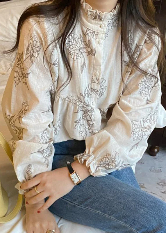 Lively And Youthful Boutique Apricot Stand Collar Ruffled Print Cotton Top Spring