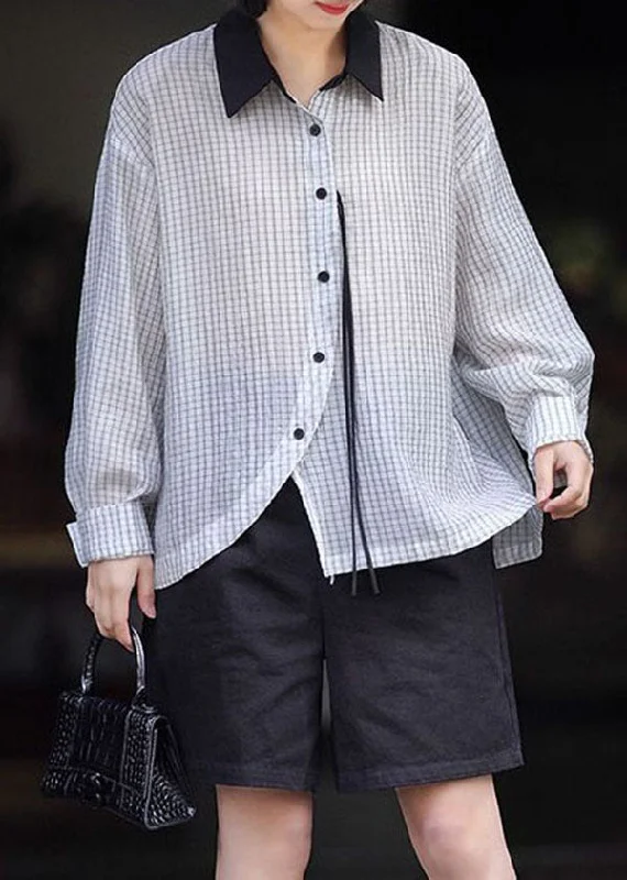 Urban Style Organic White Plaid Peter Pan Collar Tasseled Patchwork Cotton Top Spring Urban Style Organic White Plaid Peter Pan Collar Tasseled Patchwork Cotton Top Spring
