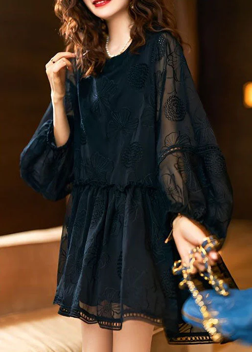 Practical Style Italian Black O Neck Wrinkled Patchwork Lace Blouses Spring