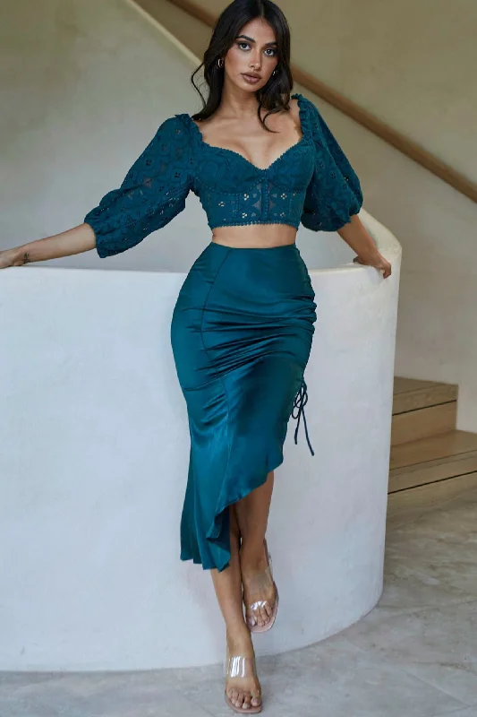 Embroidery Design Twinkling Nights Asymmetrical Hem Ruched Side Satin Midi Skirt Jade Green