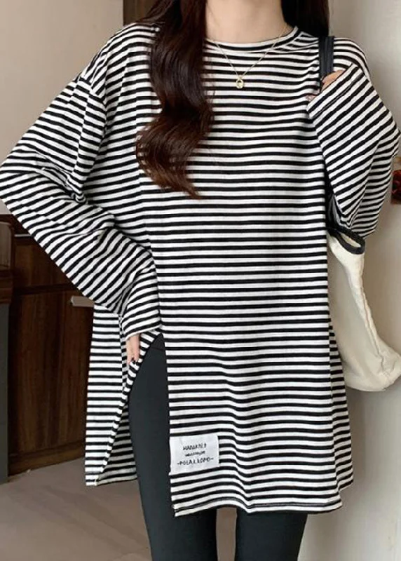 Sports And Leisure Casual Black Striped Side Open Applique Cotton Shirt Spring