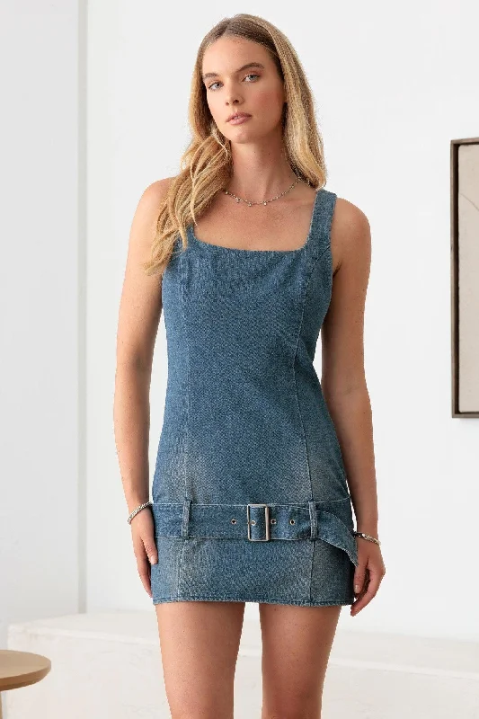 Modern Tailoring Low Slung Buckle Belt Mini Denim Dress