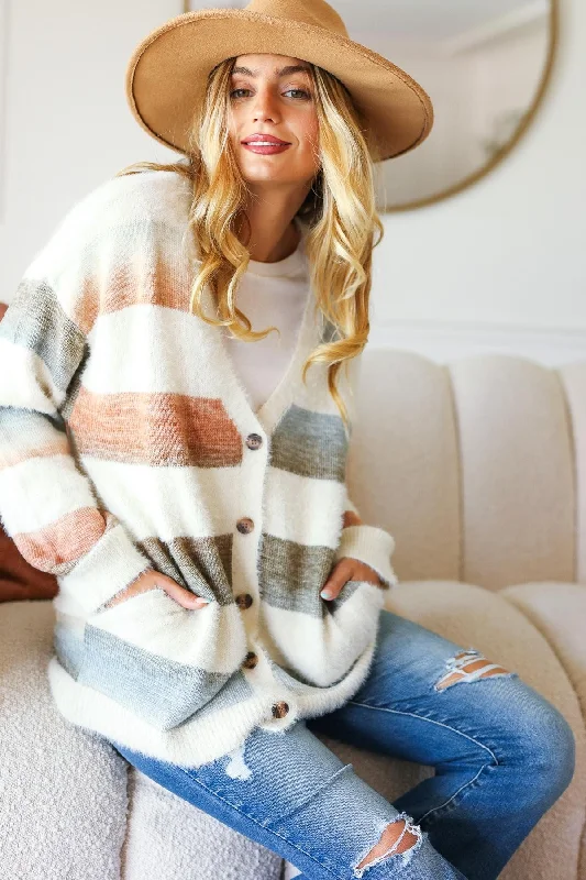 Street Charm Button Down Stripe Soft Fuzzy Sweater Cardigan