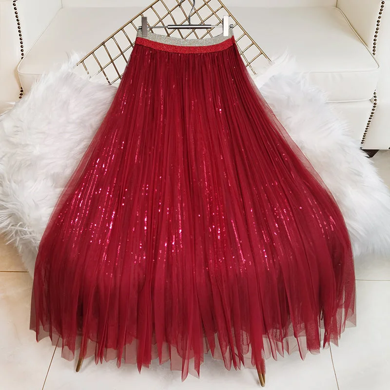 Comfortable Series Women Mulberry Sequins tulle Cinched Skirts Summer