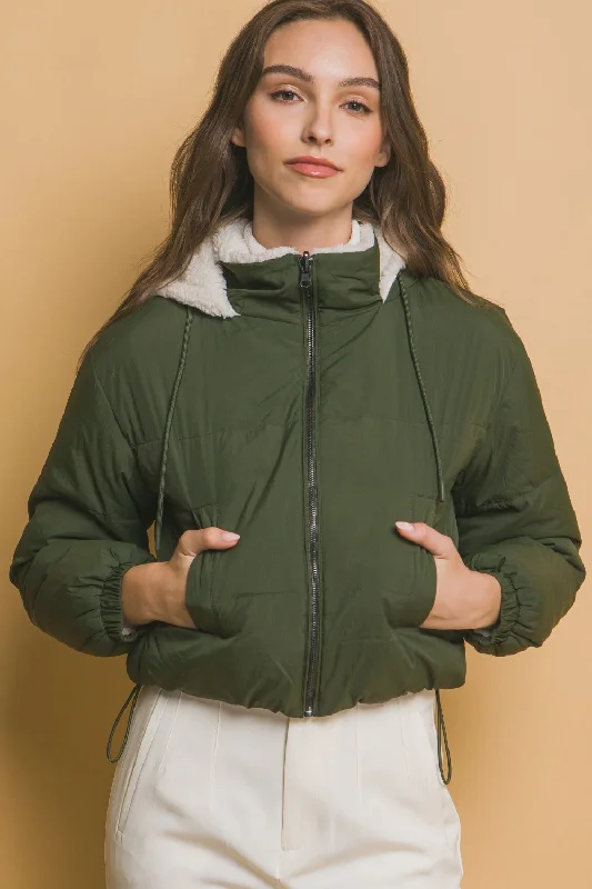 Sports And Leisure Love Tree Zip Up Cropped Hooded Sherpa Reversible Jacket