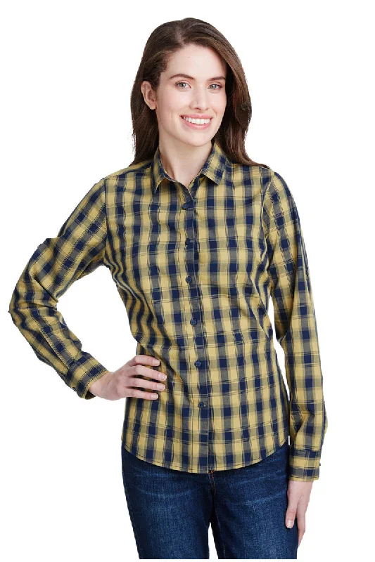 Sports Fashion Women's Mulligan Check Long Sleeve Cotton Shirt (Camel / Navy)
