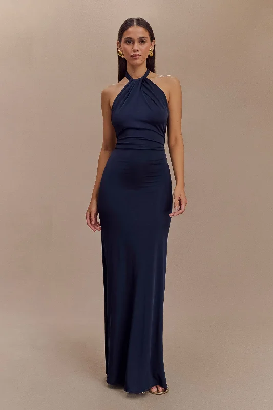 Fashionable And Versatile Elyna Slinky Halter Maxi Dress - Navy