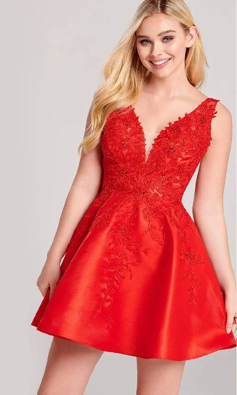 Printed Patterns Ellie Wilde - EW22010S Lace Applique Satin Fit and Flare Short Dress Printed Patterns Ellie Wilde - EW22010S Lace Applique Satin Fit and Flare Short Dress