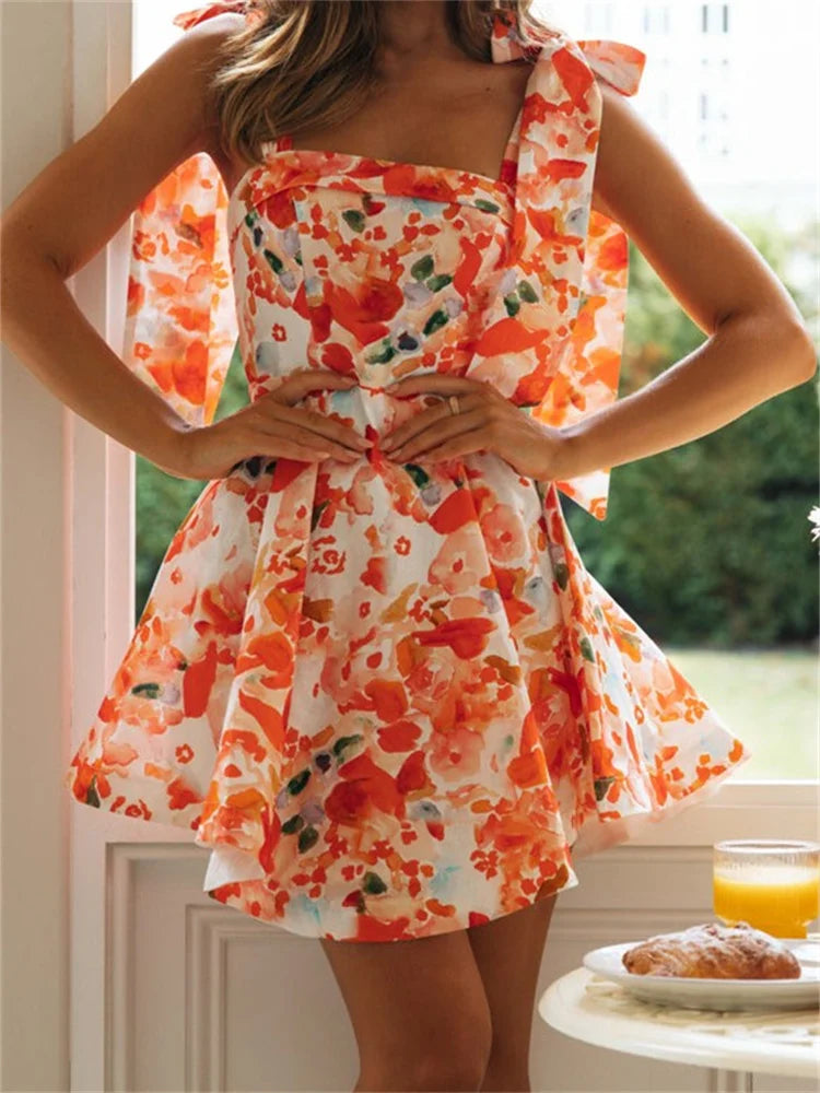 Urban Style Flower Print Sleeveless Tie-Up Mini Dresses