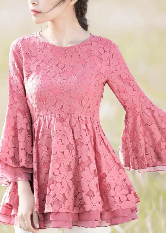 Warm Atmosphere Pink Patchwork Embroideried Lace Shirts O Neck Spring