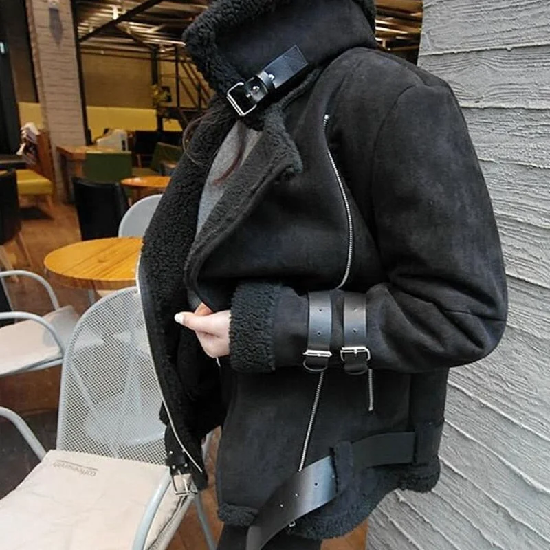 Modern City Black Faux Fur Turn-down Collar Jacket