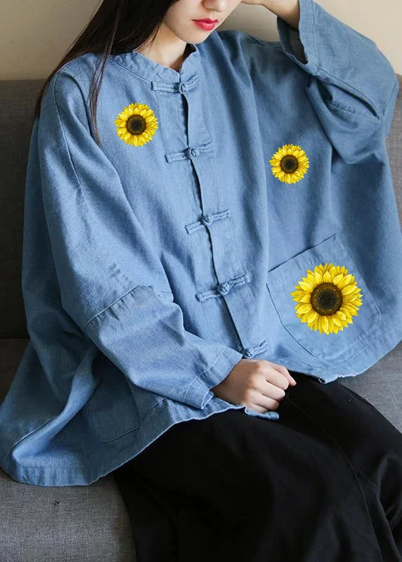 High-end Fashion Loose stand collar Chinese Button clothes For Women Sleeve denim light blue-sunflower shirts High-end Fashion Loose stand collar Chinese Button clothes For Women Sleeve denim light blue-sunflower shirts