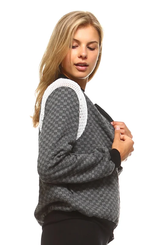 Personalized Design Women's Checkered Mesh Detail Bomber
