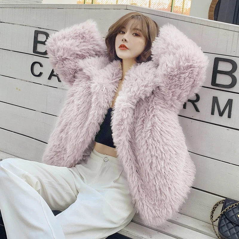 End Of The Year Winter Pink Artifical Fur Soft Overcoat for Women