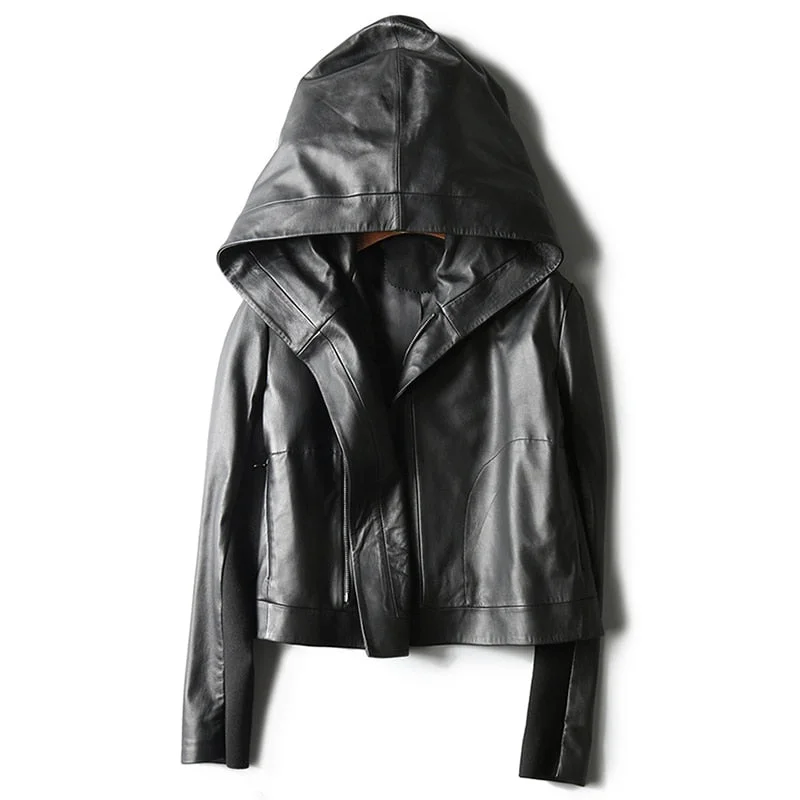 Exquisite Tailoring GENUINE LEATHER Big Hood Crop Jacket