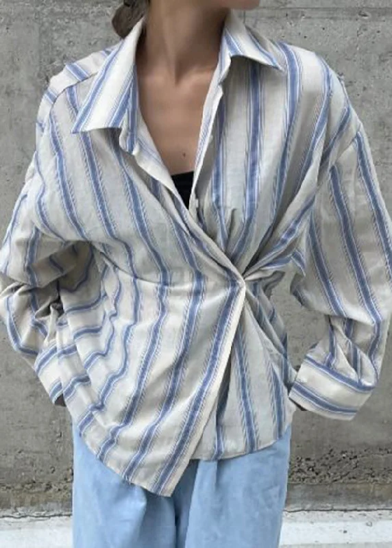 Sweet Style Unique Blue Asymmetrical Design Striped Cotton Shirt Top Spring