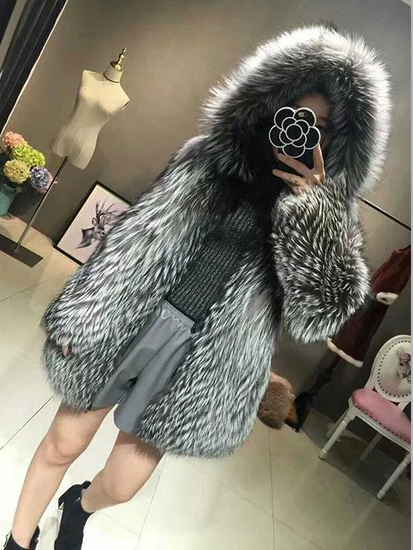 Exquisite Embroidery Real Silver Fox Fur Hooded Coat