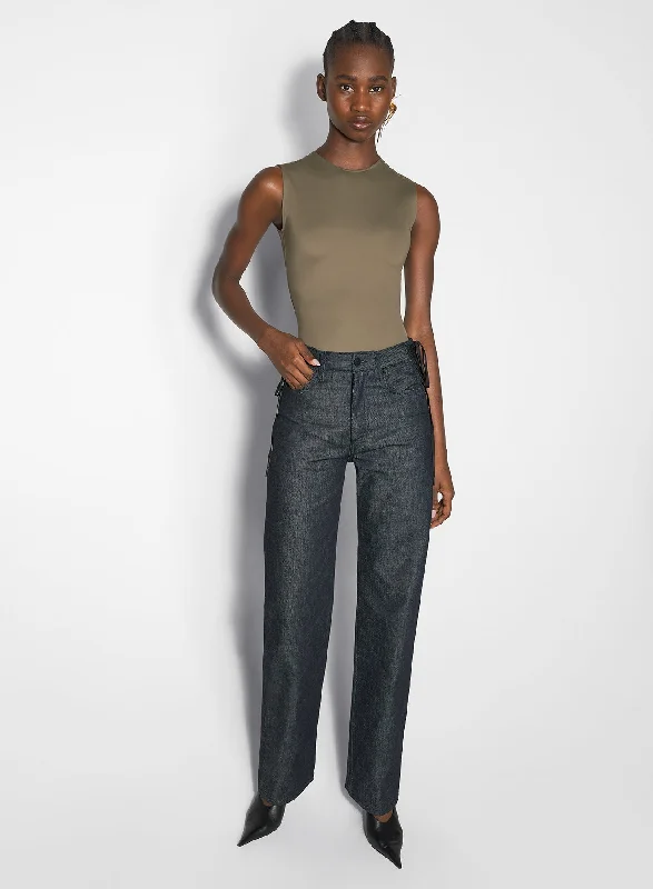 Minimal Style khaki sleeveless shoulder logo bodysuit