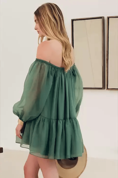 Spring Fashion Organza Long Off Shoulder Wide Sleeve Mini Dress