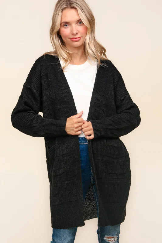 Classic Retro Haptics Stripe Textured Open Front Cardigan with Pockets