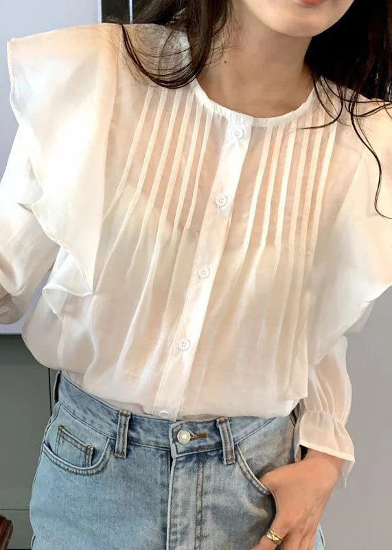 Lazy Home Fashion White Ruffled Patchwork Cotton Tops Long Sleeve