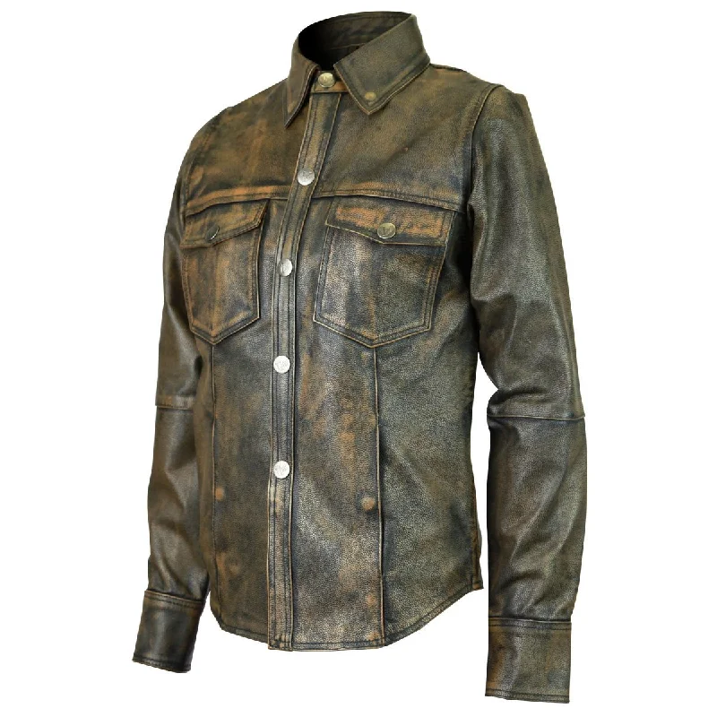 Classic And Versatile HML604DB Women's Distressed Brown Cowhide Leather Shirt