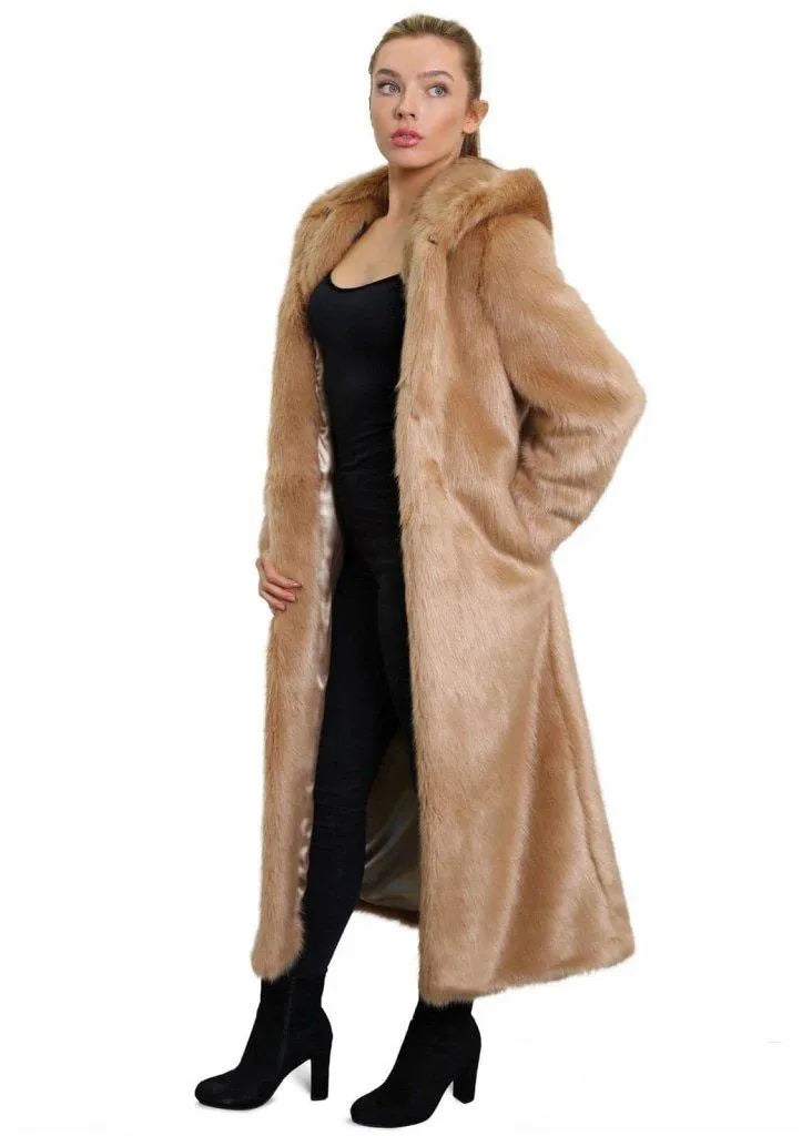 High Street Design De La Creme - Womens Iconic Faux Fur Hooded Long Coat