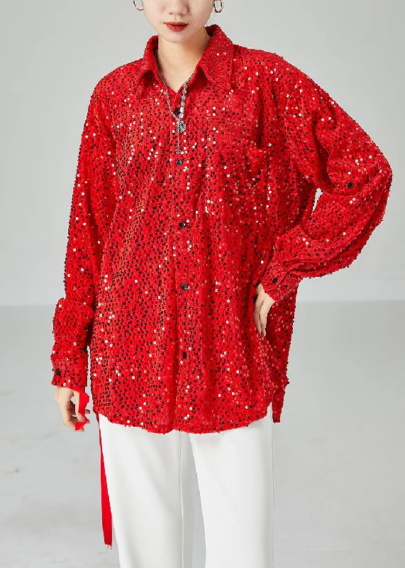 Unique Prints Chic Red Oversized Sequins Silk Velour Shirt Tops Spring