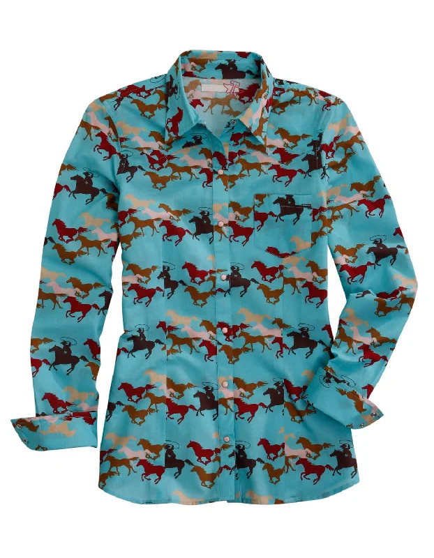Exquisite Embroidery Tin Haul Womens Wild Mustang Green 100% Cotton L/S Shirt