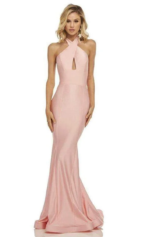 Exquisite Embroidery Sherri Hill - Satin Cross Halter Mermaid Dress With Train 52784 Exquisite Embroidery Sherri Hill - Satin Cross Halter Mermaid Dress With Train 52784