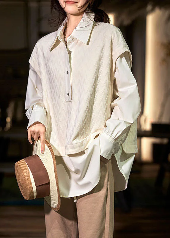 Sports And Leisure Fine Beige Peter Pan Collar Patchwork False Two Pieces Cotton Shirts Spring Sports And Leisure Fine Beige Peter Pan Collar Patchwork False Two Pieces Cotton Shirts Spring