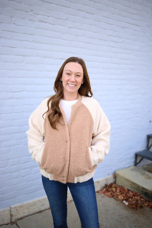 Comfortable And Cold-proof Cream Sherpa Varsity Jacket | Boutique Elise | Cameron