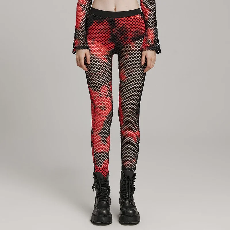 Fashionable Inner Wear Women's Punk Mesh Tie-dyed Leggings Black-Red