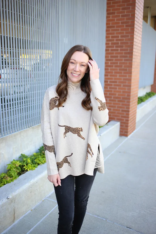 Elegant Wear Oatmeal Cheetah Print Mock Neck Sweater | Boutique Elise | Chelsie