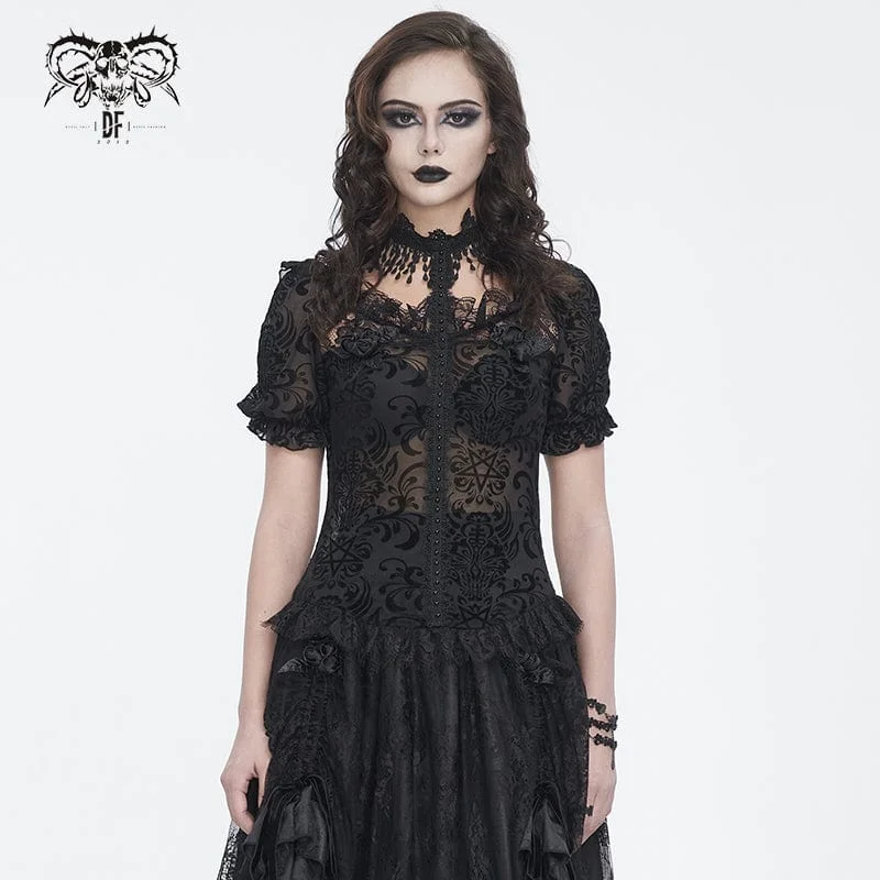 Casual And Comfortable Women's Gothic Puff Sleeved Flocking Mesh Sheer Shirt
