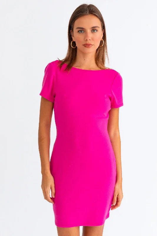 Multifunctional Style Hot Pink Short Sleeve Low Back Mini Dress