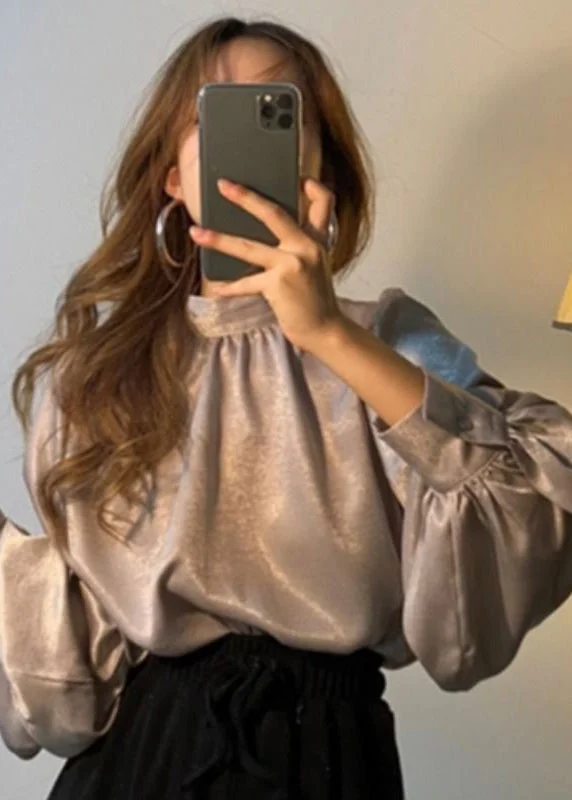 Soft And Comfortable Modern Brown Stand Collar Draping Silk Shirts Lantern Sleeve
