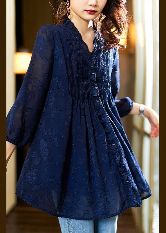 Perfect Tailoring Classy Navy V Neck Ruffled Patchwork Chiffon Blouses Spring